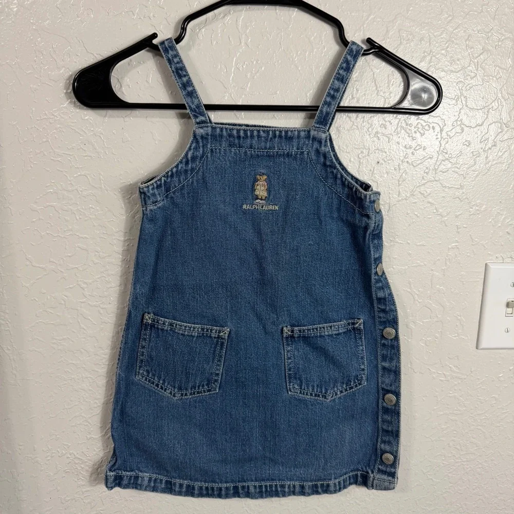 Ralph Lauren Girls Denim Polo Bear Overall Dress Medium Wash Blue Size 4